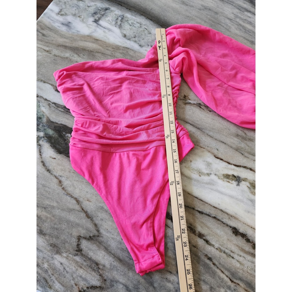 Hello Molly Pink One Shoulder Ruched Mesh Puff Sleeve Bodysuit US 6 M - Picture 7 of 7